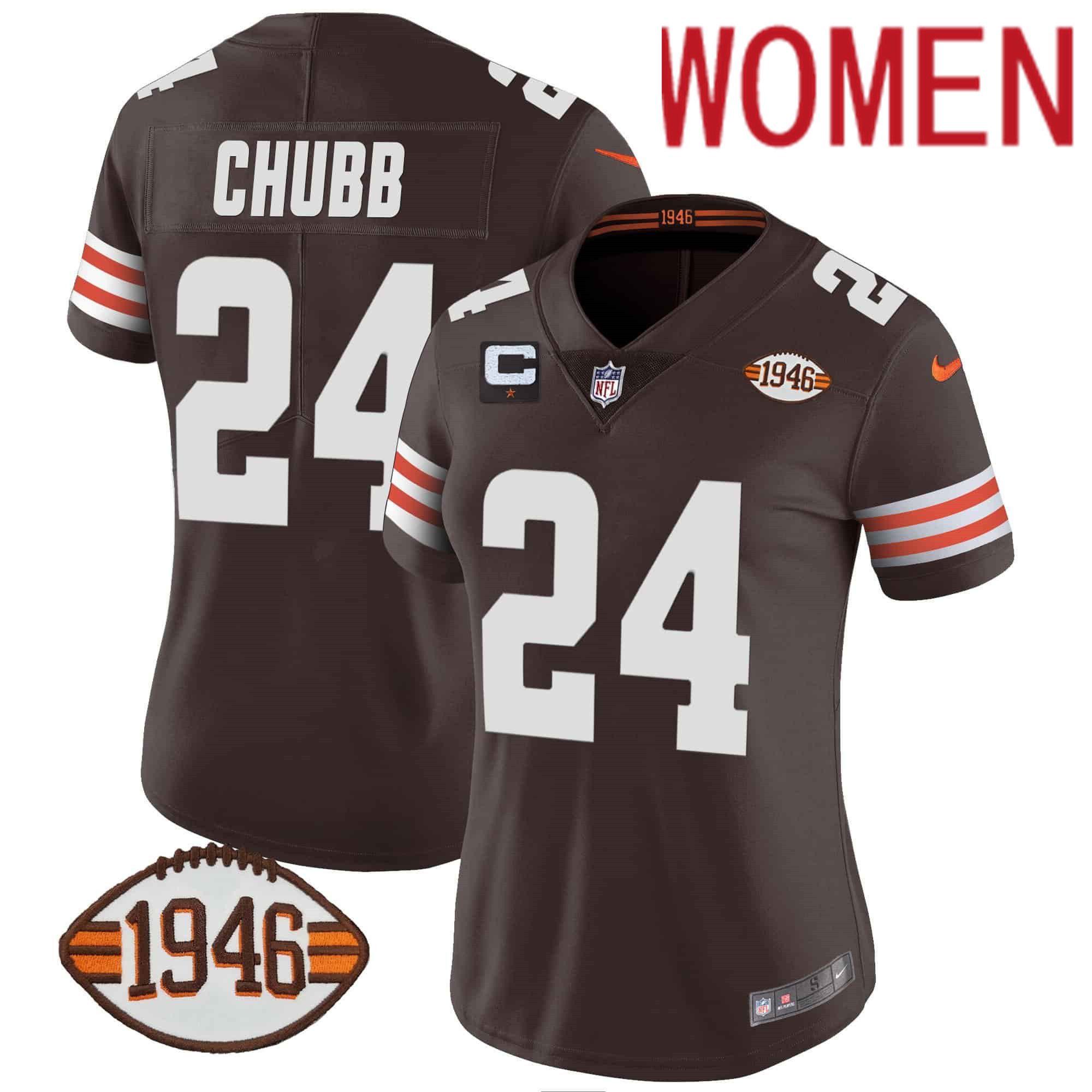 Women Cleveland Browns #24 Chubb Brown 1946 75th Anniversary Patch 2024 Nike NFL Jersey style 1->women nfl jersey->Women Jersey